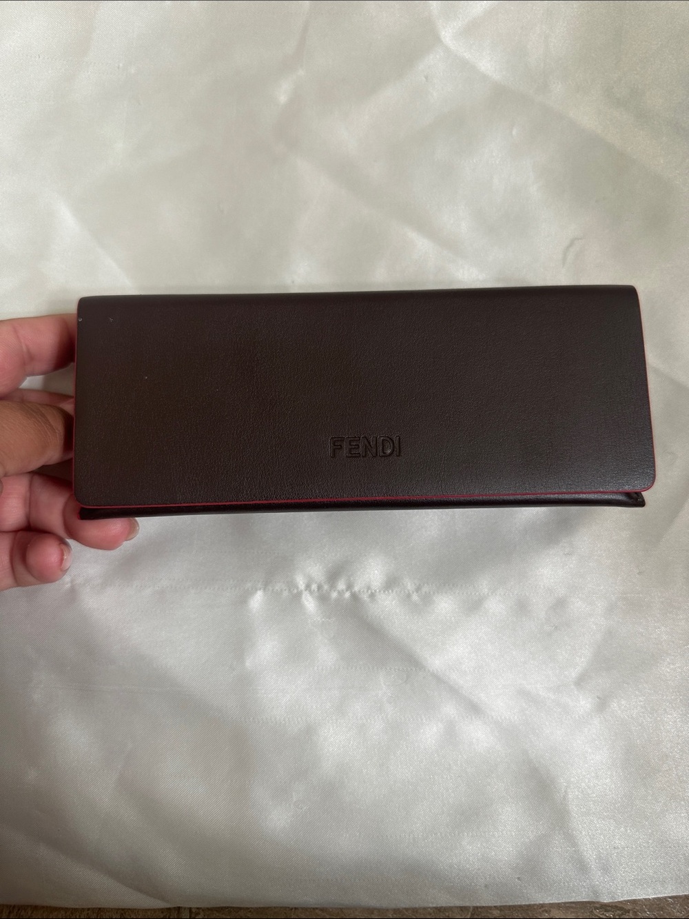 Fendi Dark Brown Leather Glasses Case with Red Trim